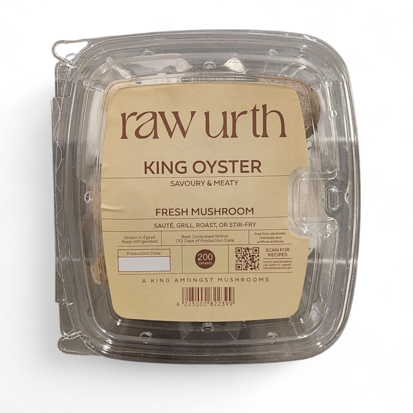 King Oyster fresh mushrooms packaging for sautéing, grilling, or stir-frying, 200 grams.