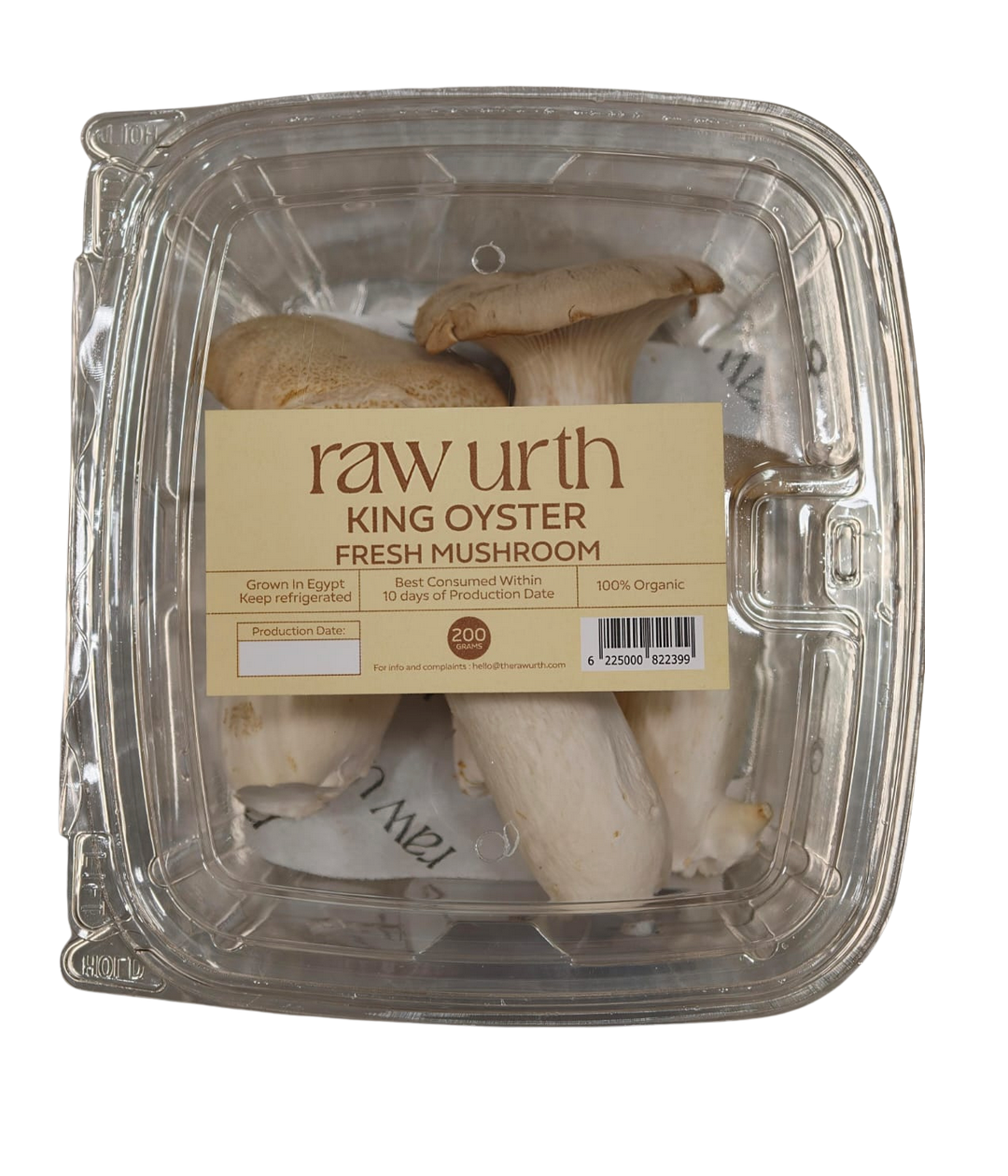 Fresh king oyster mushrooms 200g pack by Raw Urth Egypt — indoor-grown, 100% organic, thick meaty stems perfect for grilling, searing, and vegan scallops