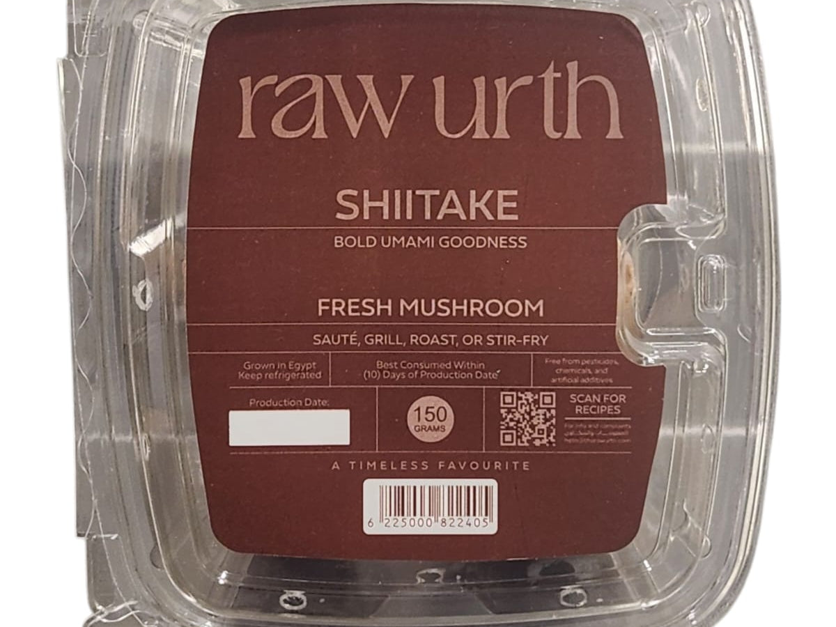 Packaging of raw Shiitake fresh mushrooms, labeled for sautéing, grilling, roasting, or stir-frying, 150 grams.