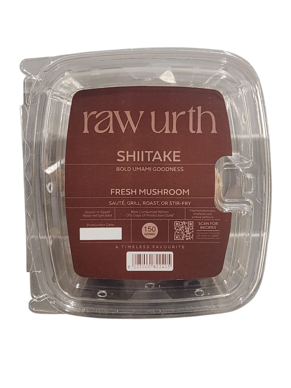 Fresh Shiitake mushrooms in packaging, ideal for sautés, grilling, and stir-frying, by Raw Urth.